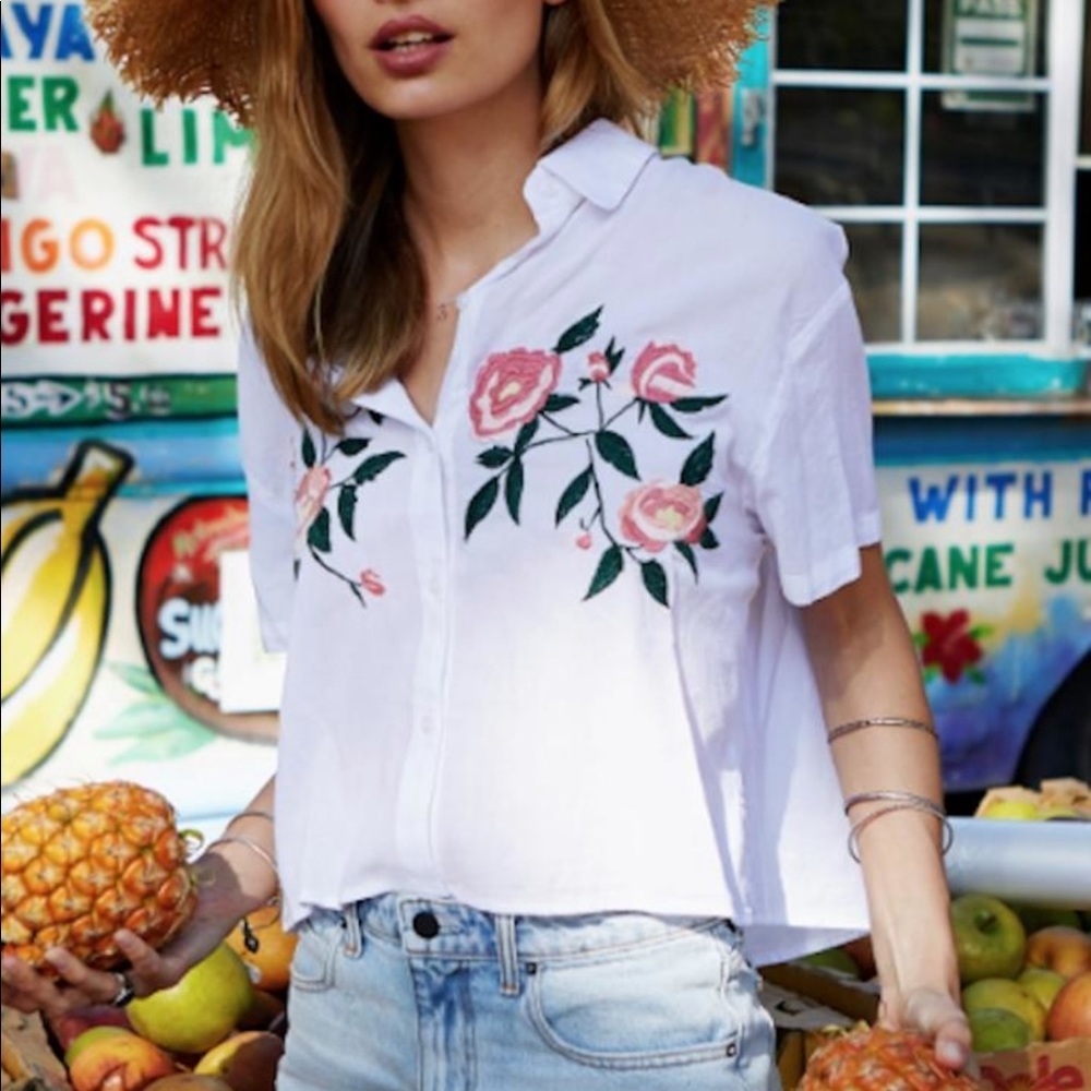 RAILS Gretta White Floral Embroidered Shirt | US XS